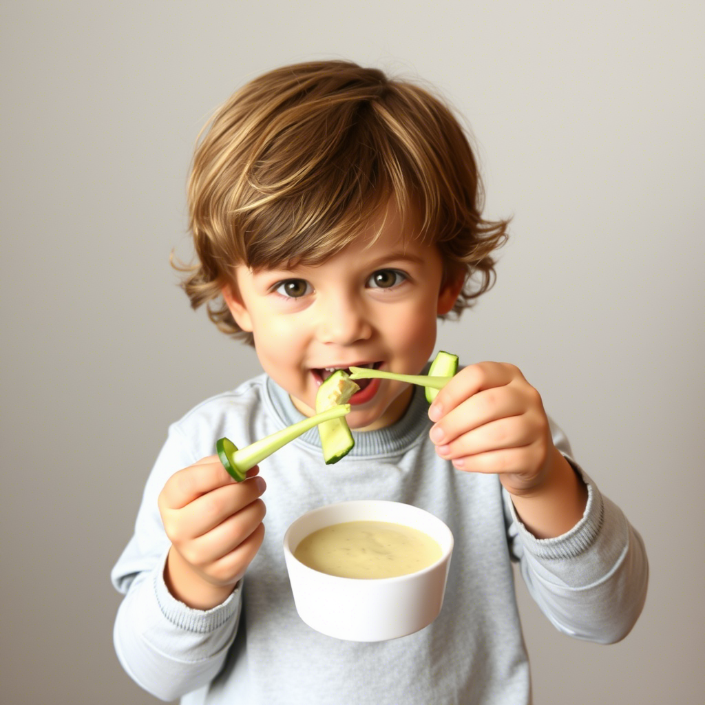 Kid enjoying veggies with fun dipping sauces