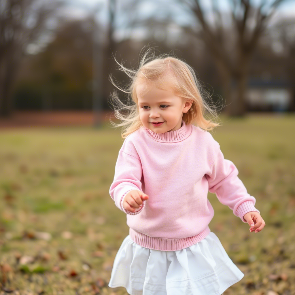 Kid girl in pastel pink sweater and white skirt playing outside