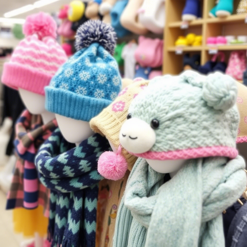 Kids’ accessories like hats and scarves in a store display