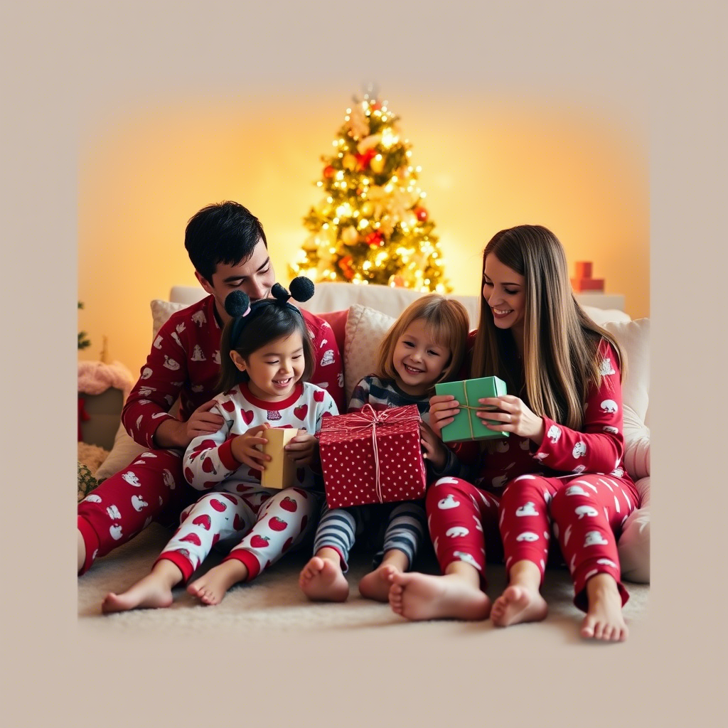 Kids and parents in festive holiday PJs opening gifts on Christmas morning