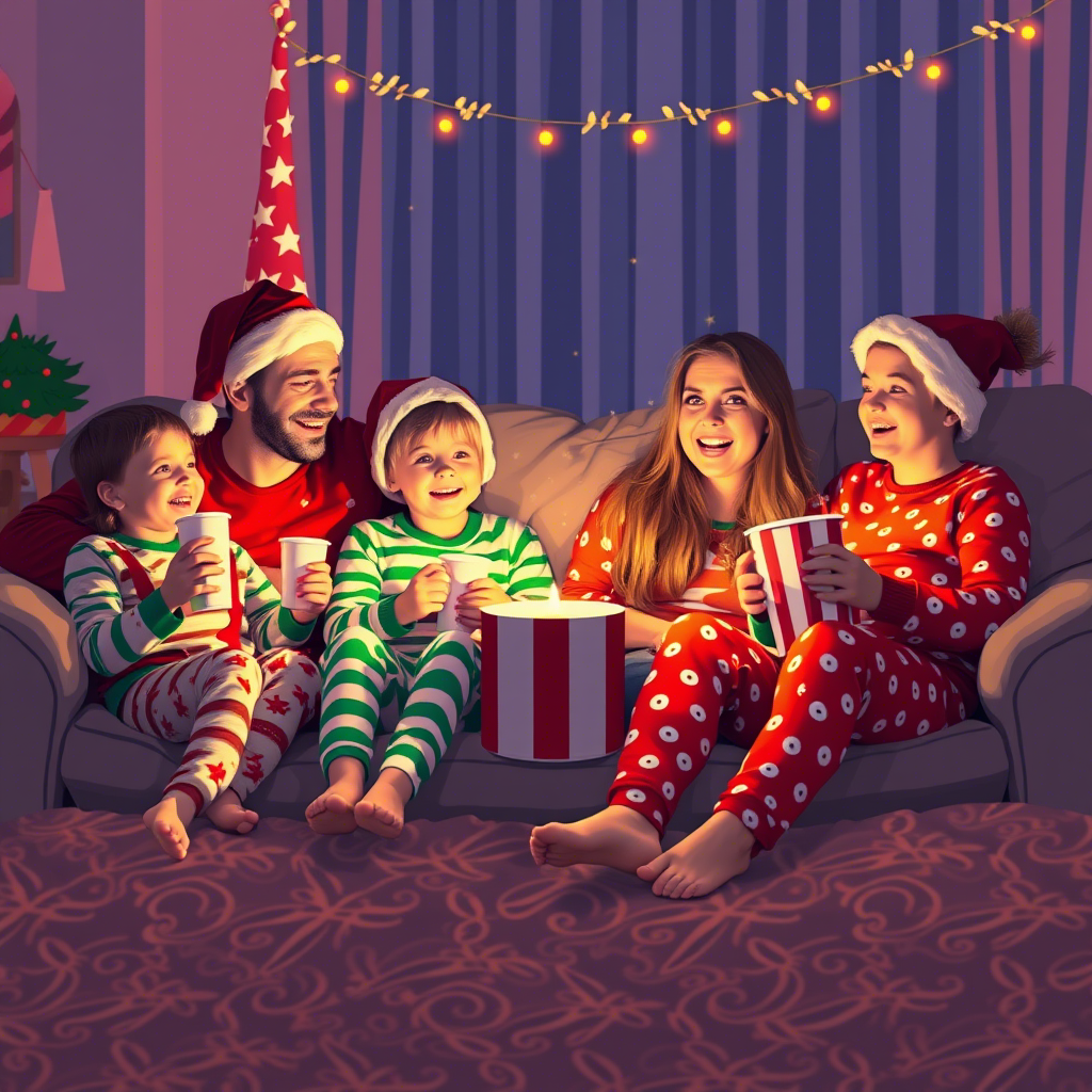 Kids and parents in festive PJs having a holiday movie night