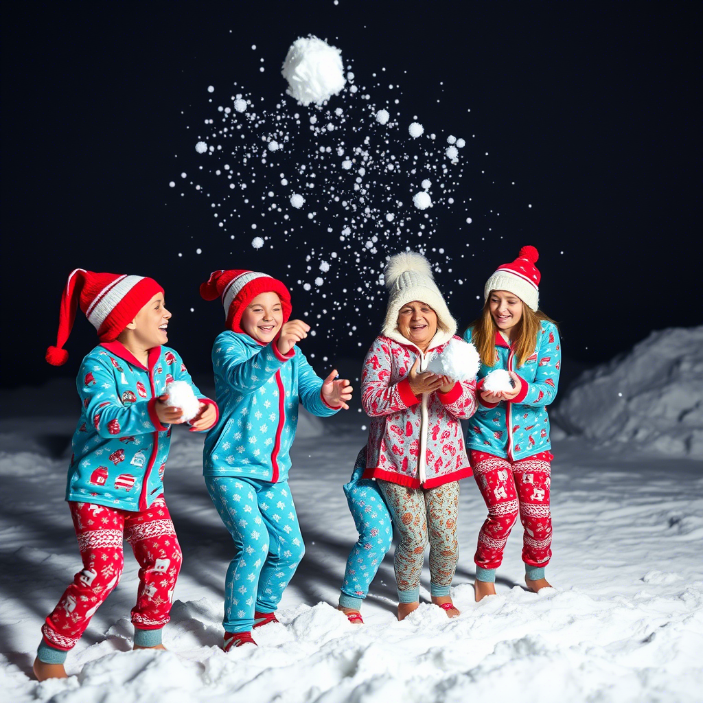 Kids and parents in matching holiday sleepwear having a snowball fight