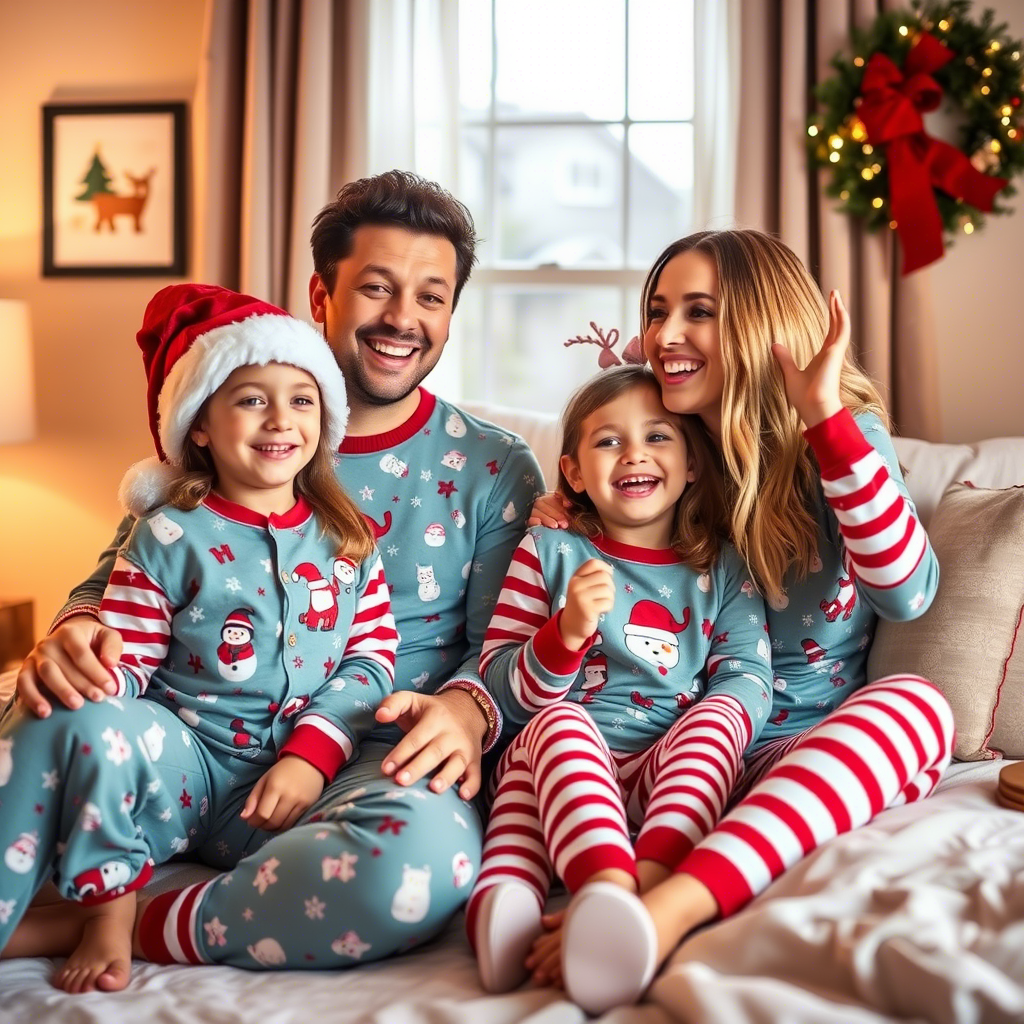 Kids and parents in matching holiday sleepwear, having fun