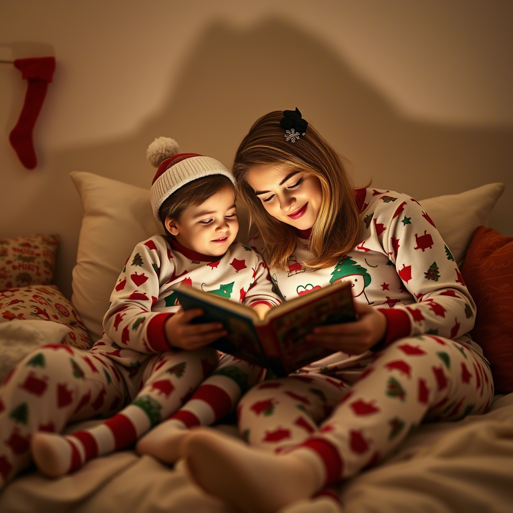 Kids and parents snuggled up in matching holiday PJs reading a book