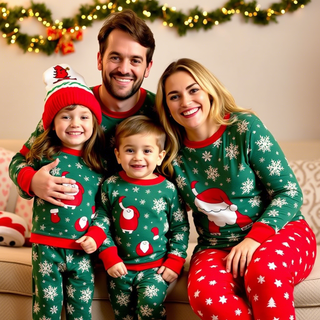 Kids and parents wearing festive holiday matching pajamas smiling together