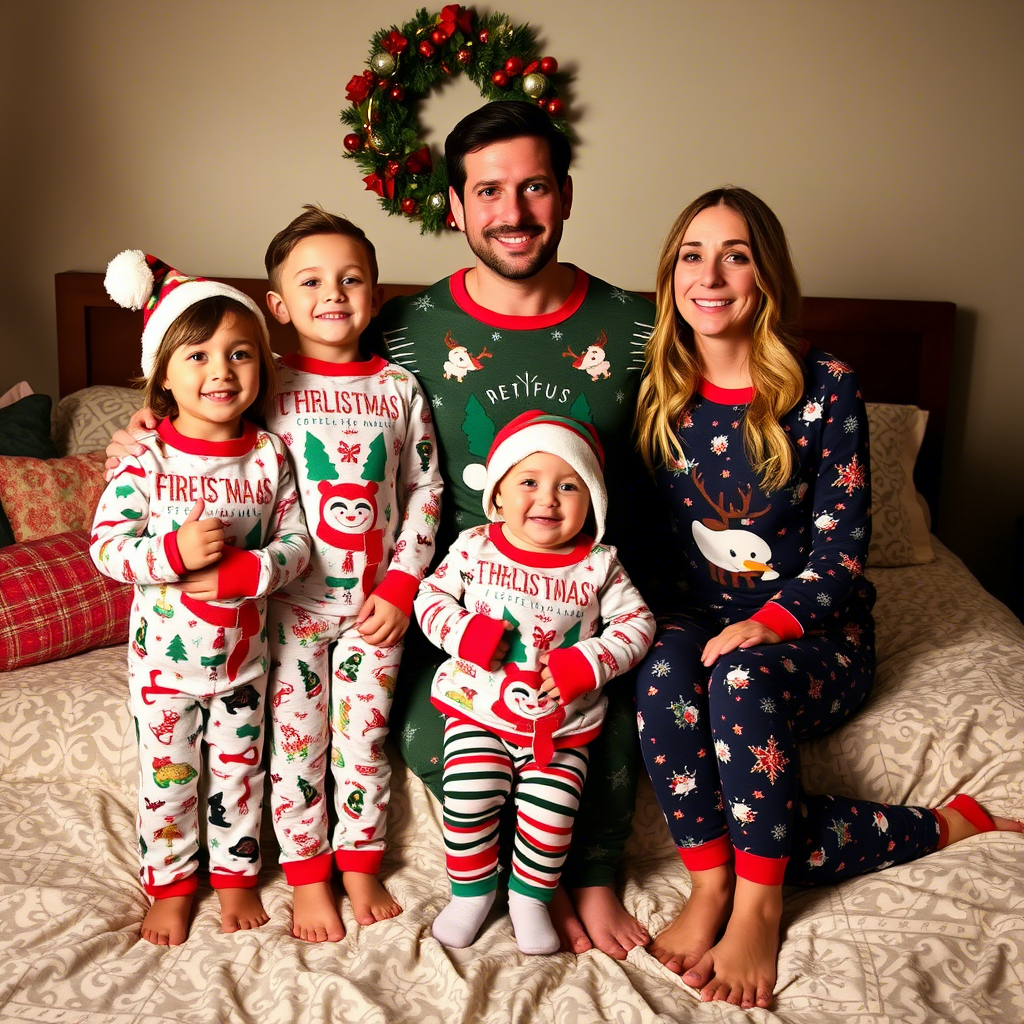 Kids and parents wearing festive holiday sleepwear together