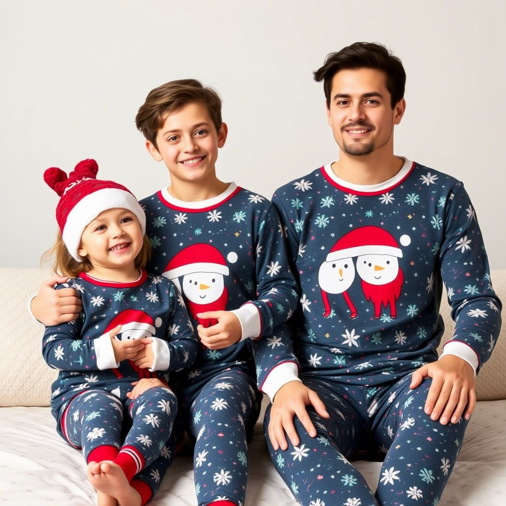 Kids and parents wearing matching festive holiday sleepwear