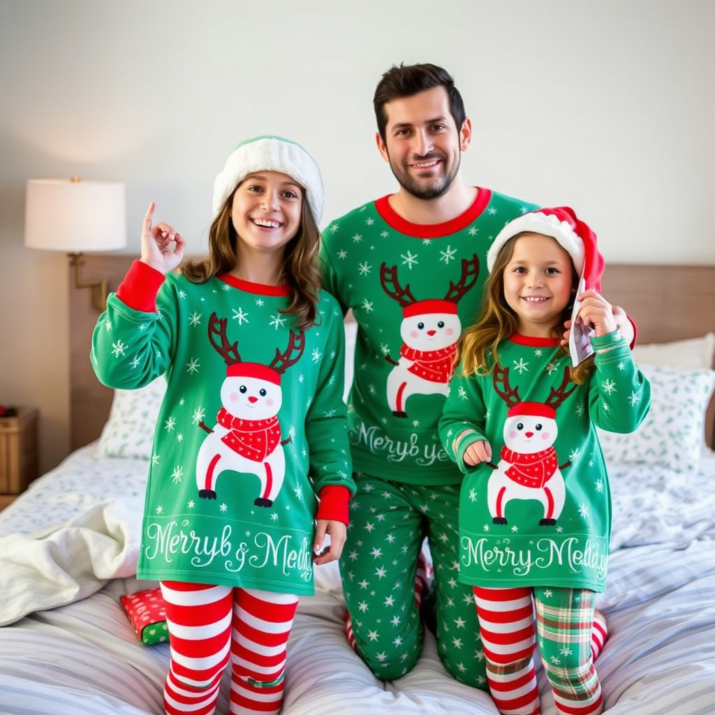 Kids and parents wearing matching festive holiday sleepwear