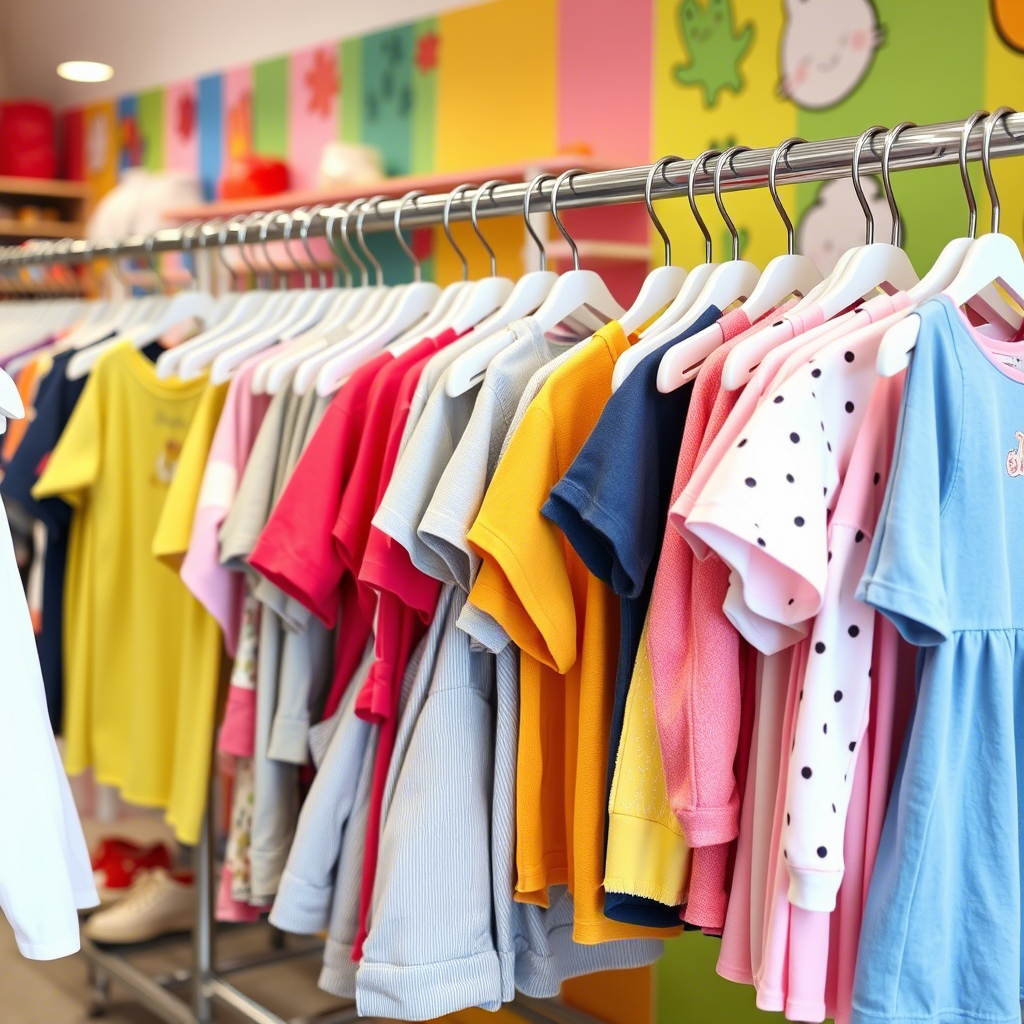 Kids’ apparel hanging on racks with colorful background in a wholesale store