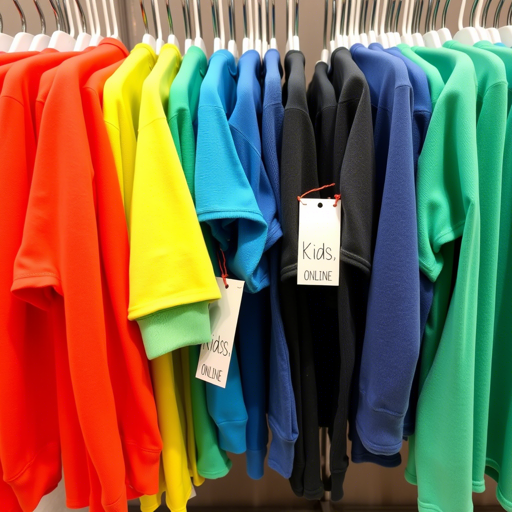Kids’ apparel hanging on racks with online store tags attached