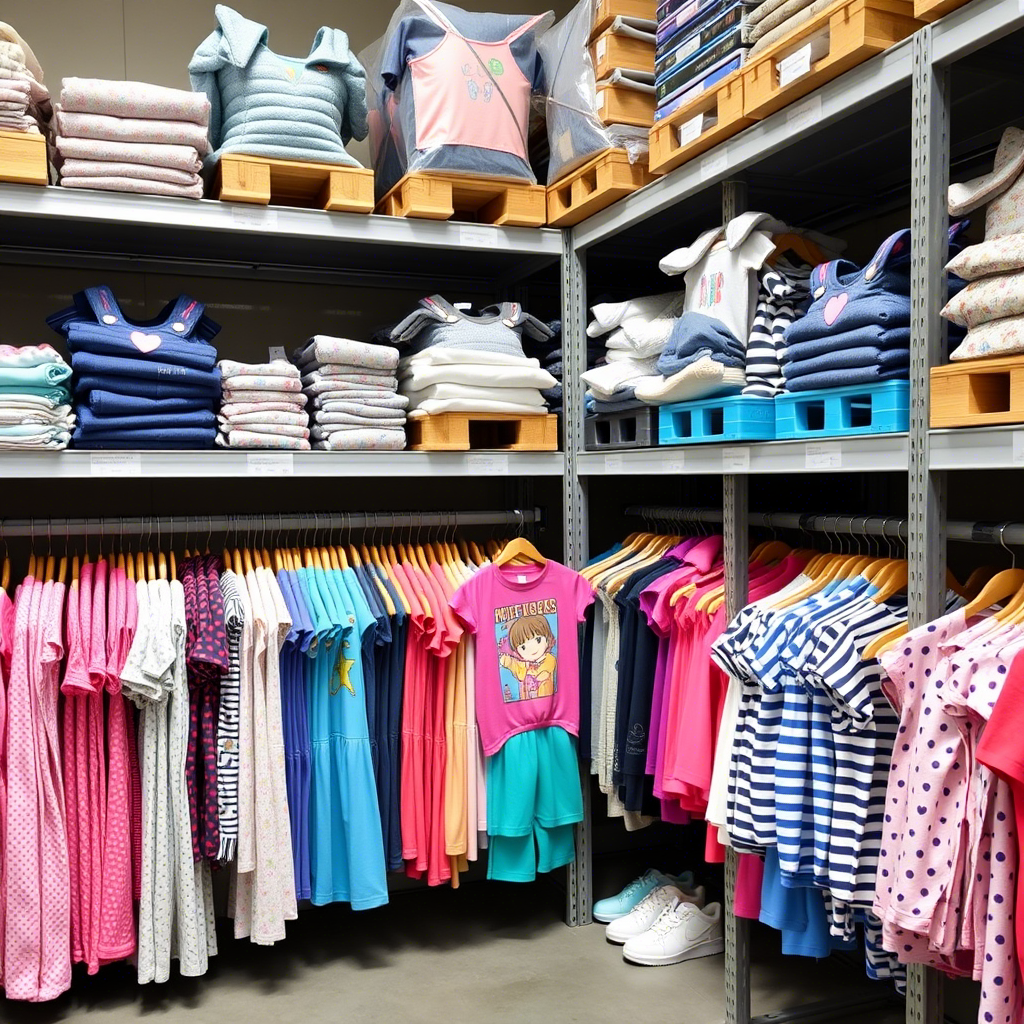 Kids apparel neatly arranged on shelves in a distributor warehouse