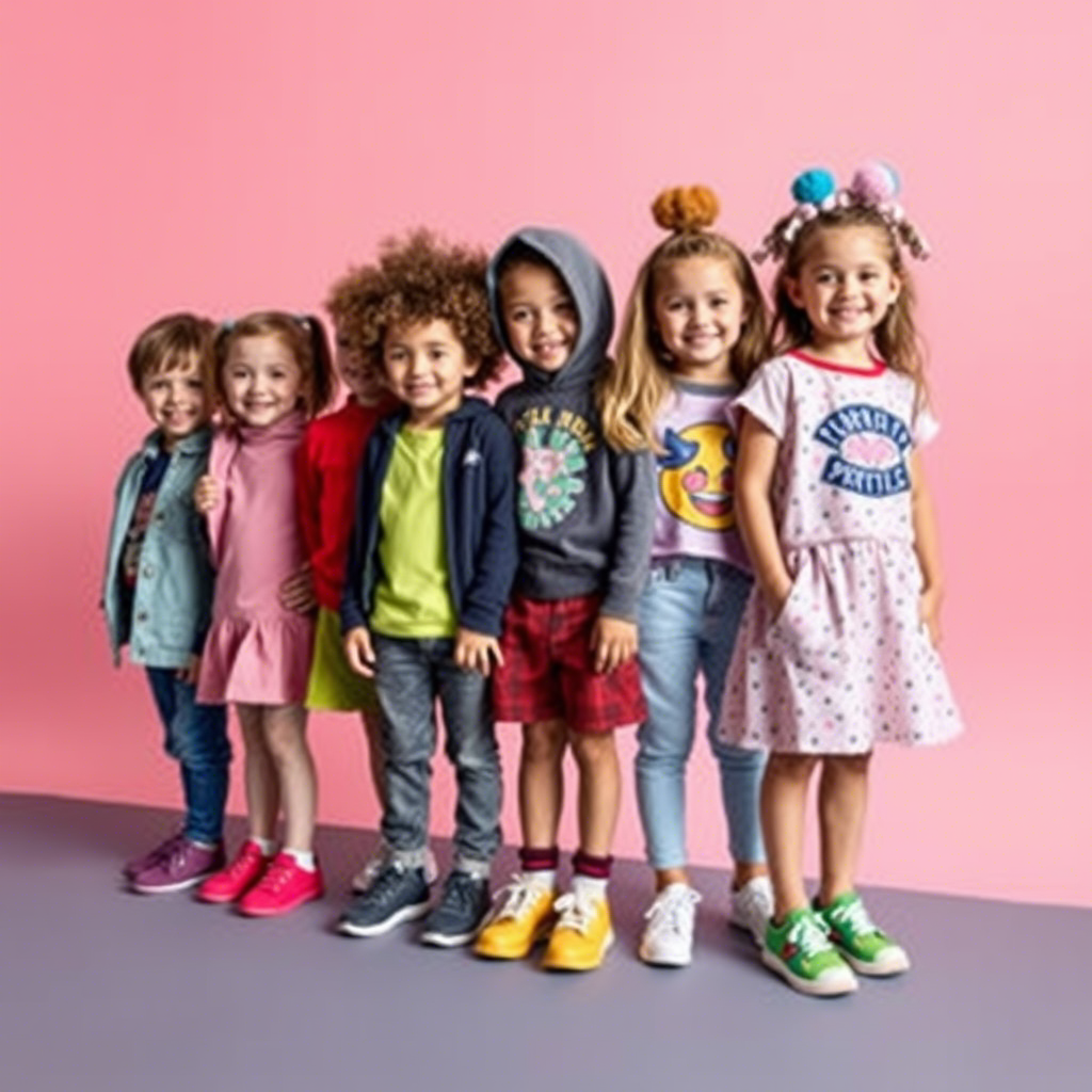 Kids’ apparel production line with diverse styles and vibrant colors