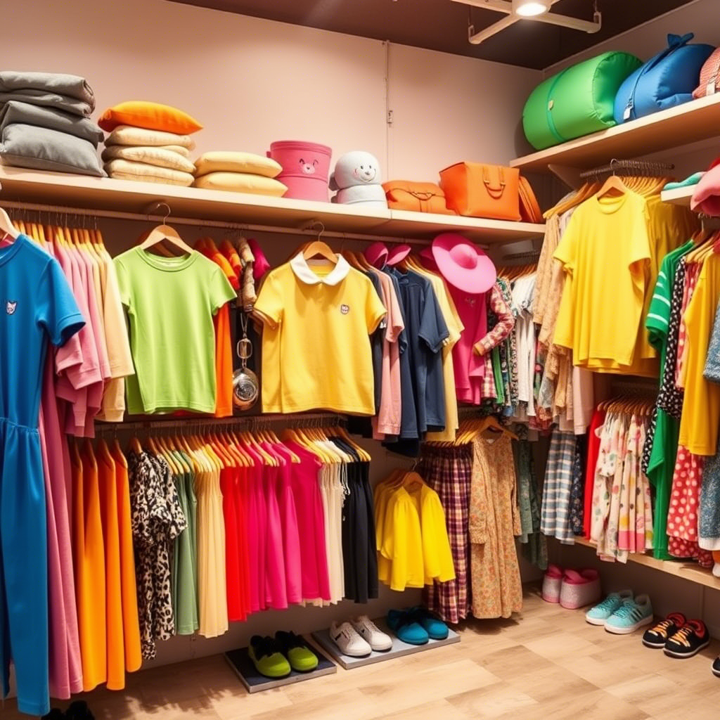 Kids’ apparel warehouse filled with colorful garments and accessories