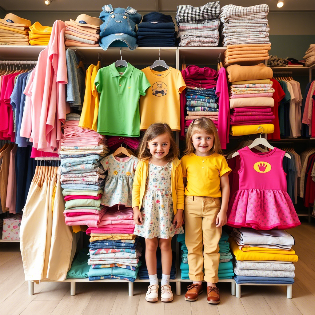Kids’ apparel warehouse with colorful outfits stacked