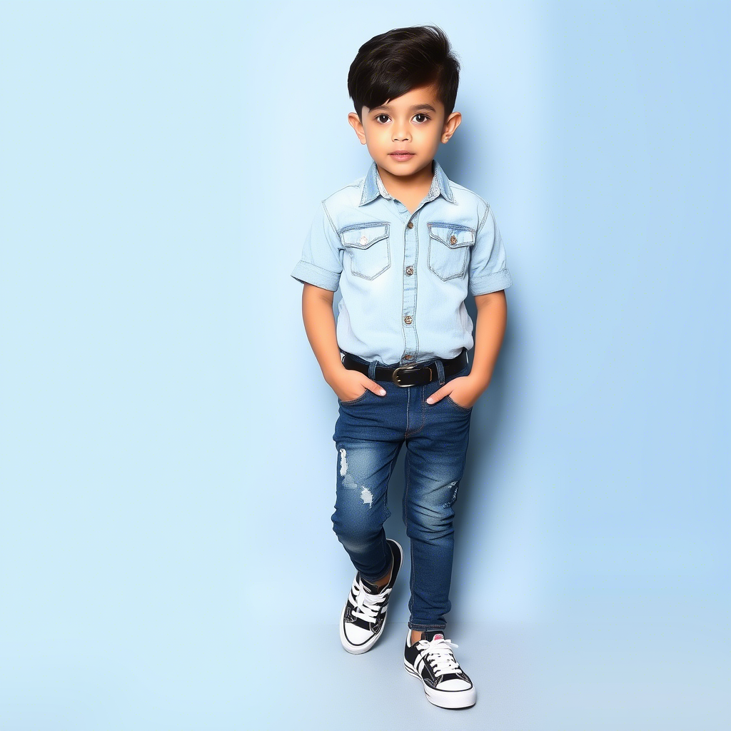 Kids boy dressed in trendy denim outfit with sneakers