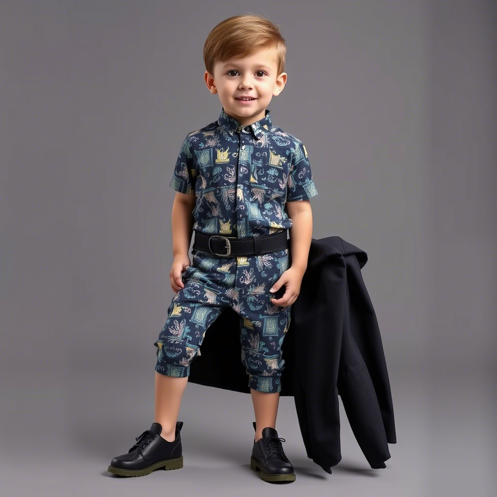 Kids boy fashion model showcasing coordinated clothing set