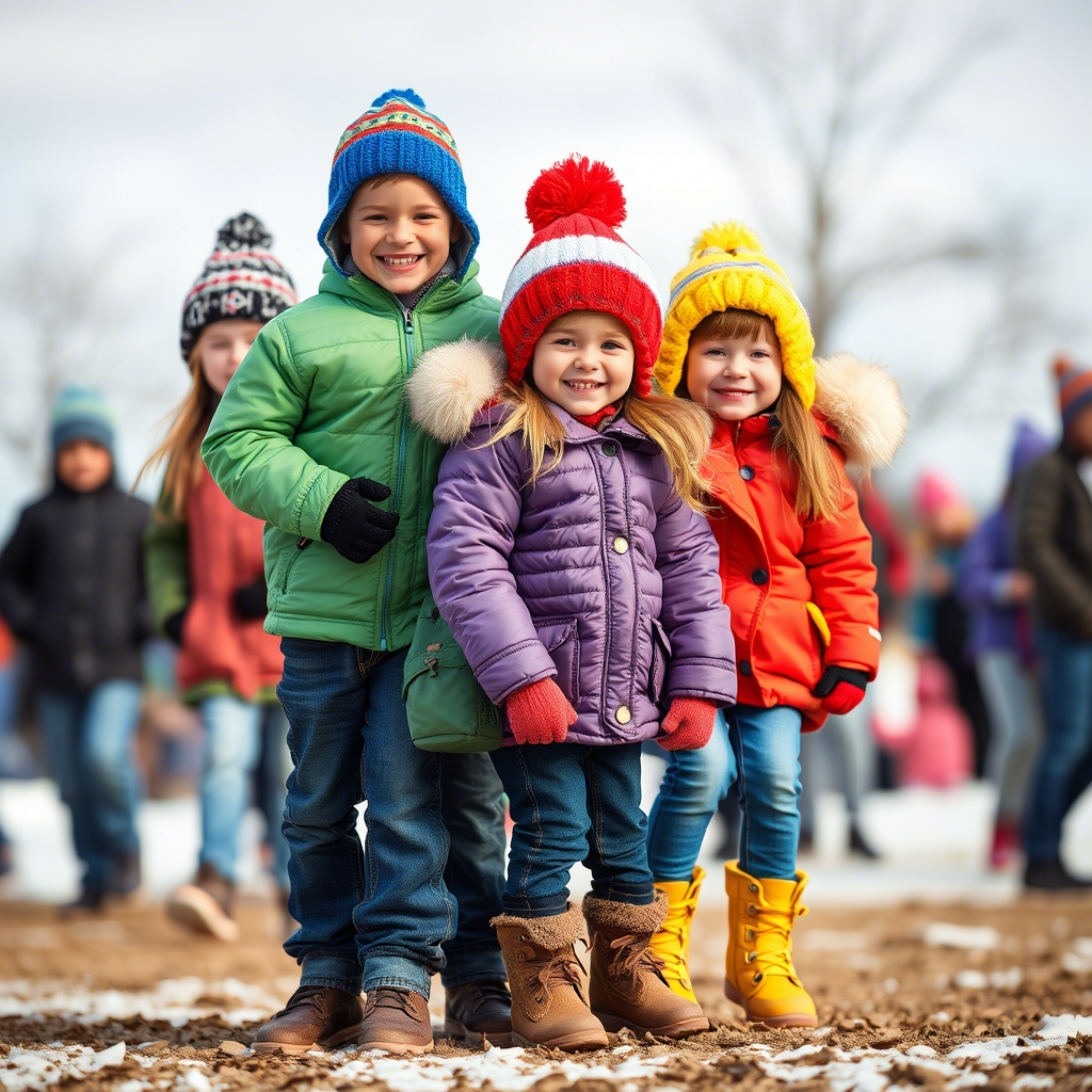 Kids bundled up in colorful winter clothing, jeans and jackets, having fun