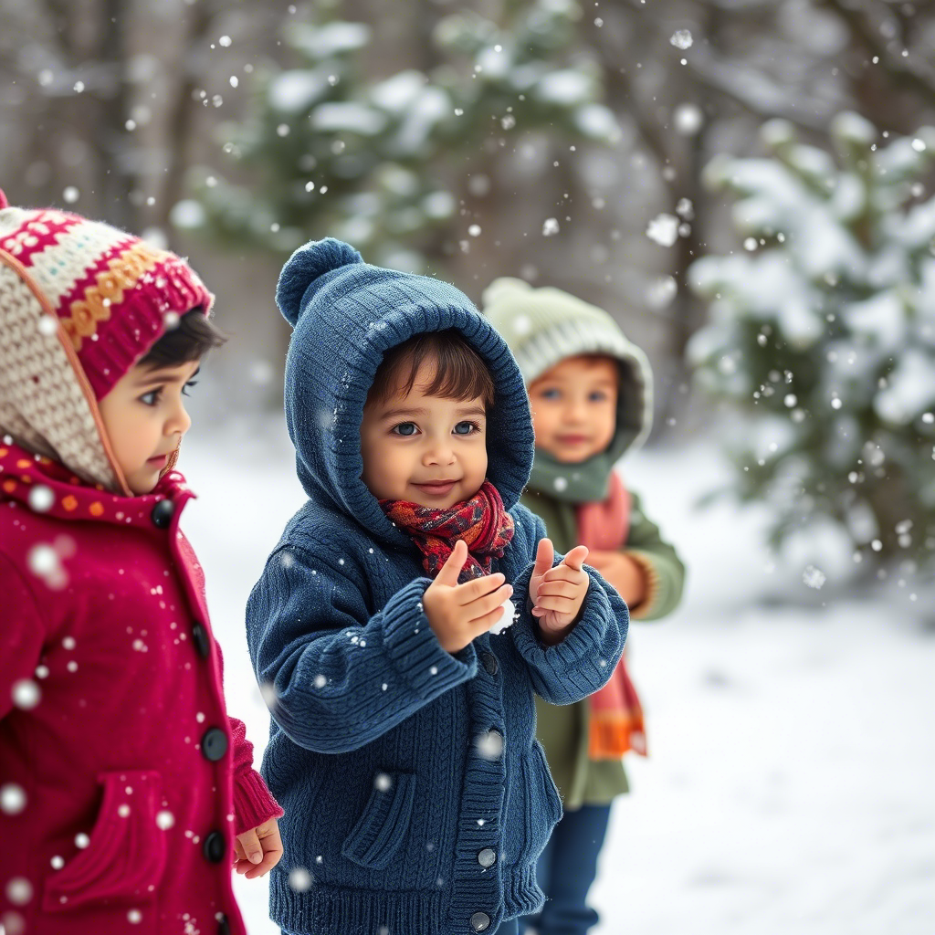 Kids bundled up in warm cardigans and sweaters playing outside in snowflakes