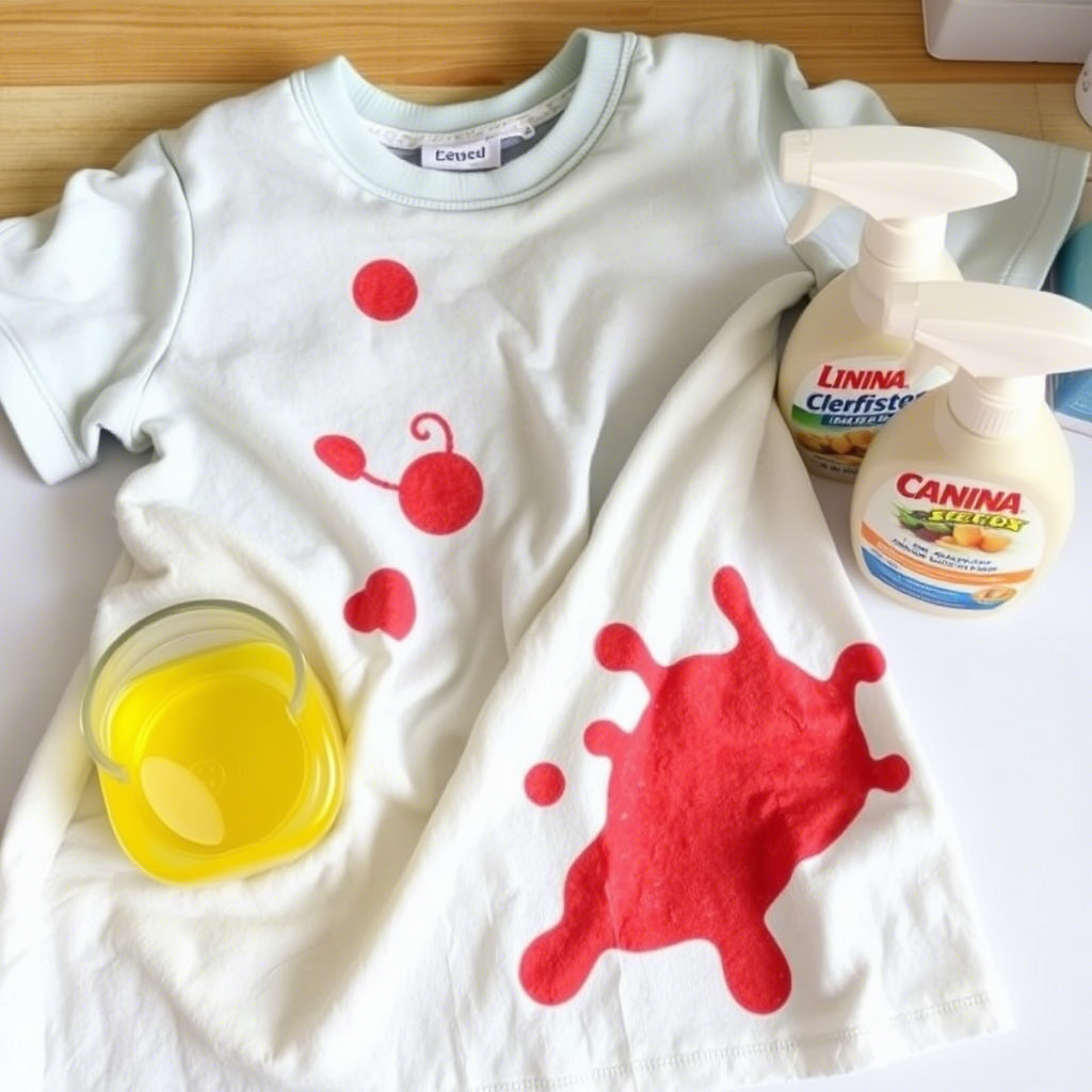 Kids’ clothes with food stains and cleaning products nearby