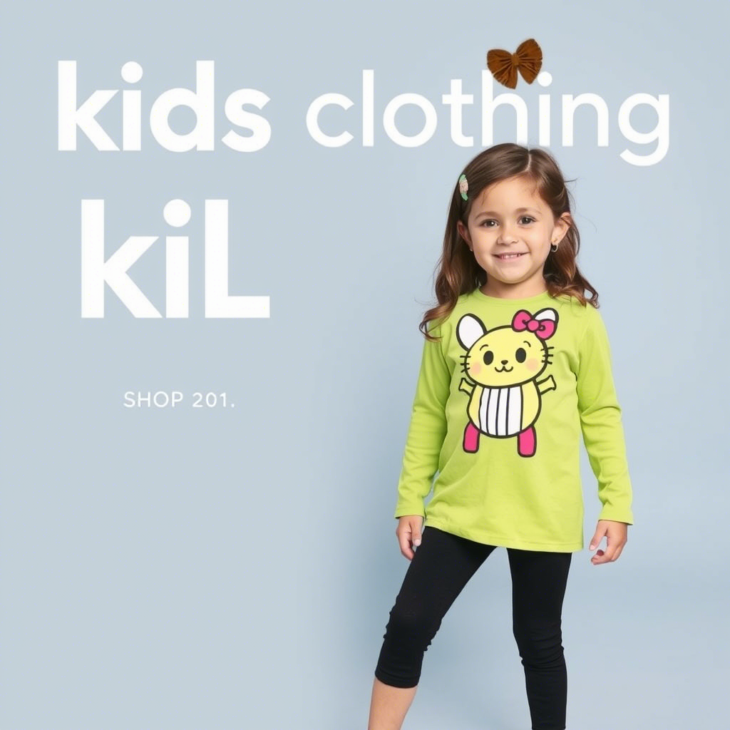 Kids’ clothing advertisement featuring a girl in leggings and a fun graphic top