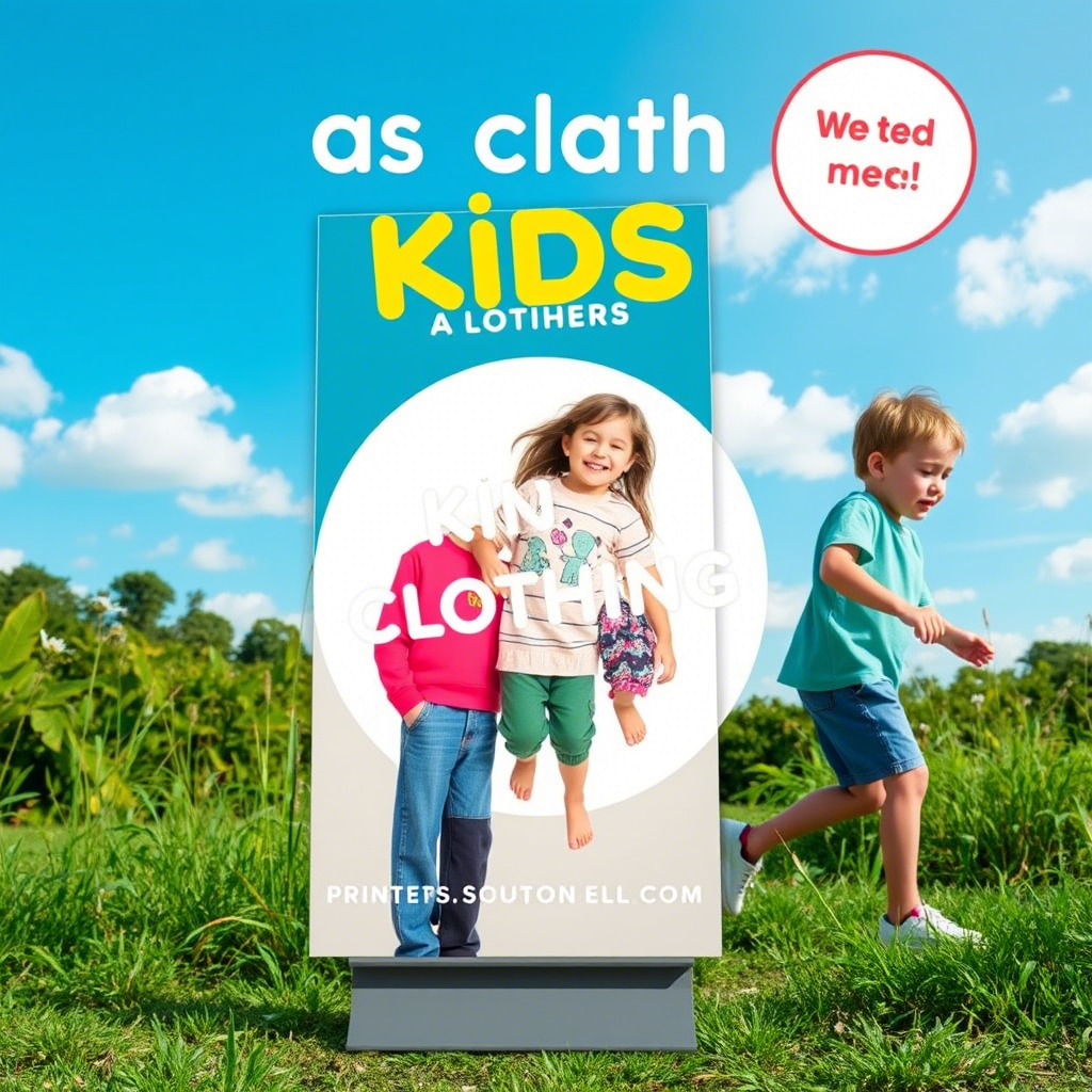 Kids clothing advertisement with playful outdoor setting