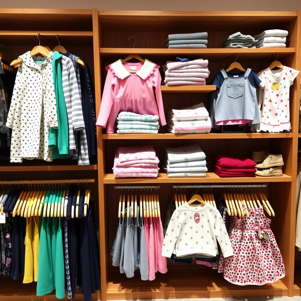 Kids clothing assortment neatly arranged on wooden shelves in a fashion boutique