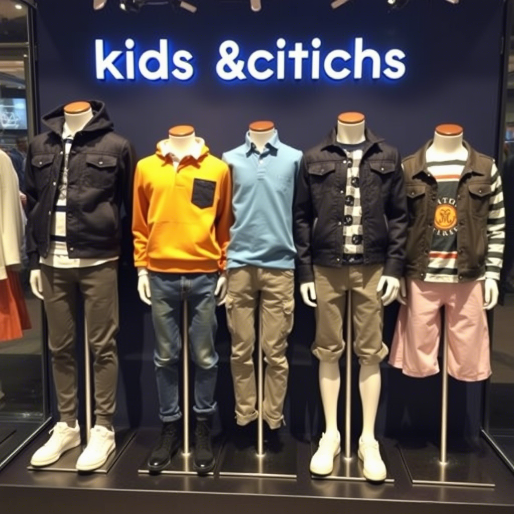 Kids clothing brand showcase with boys outfits on mannequins