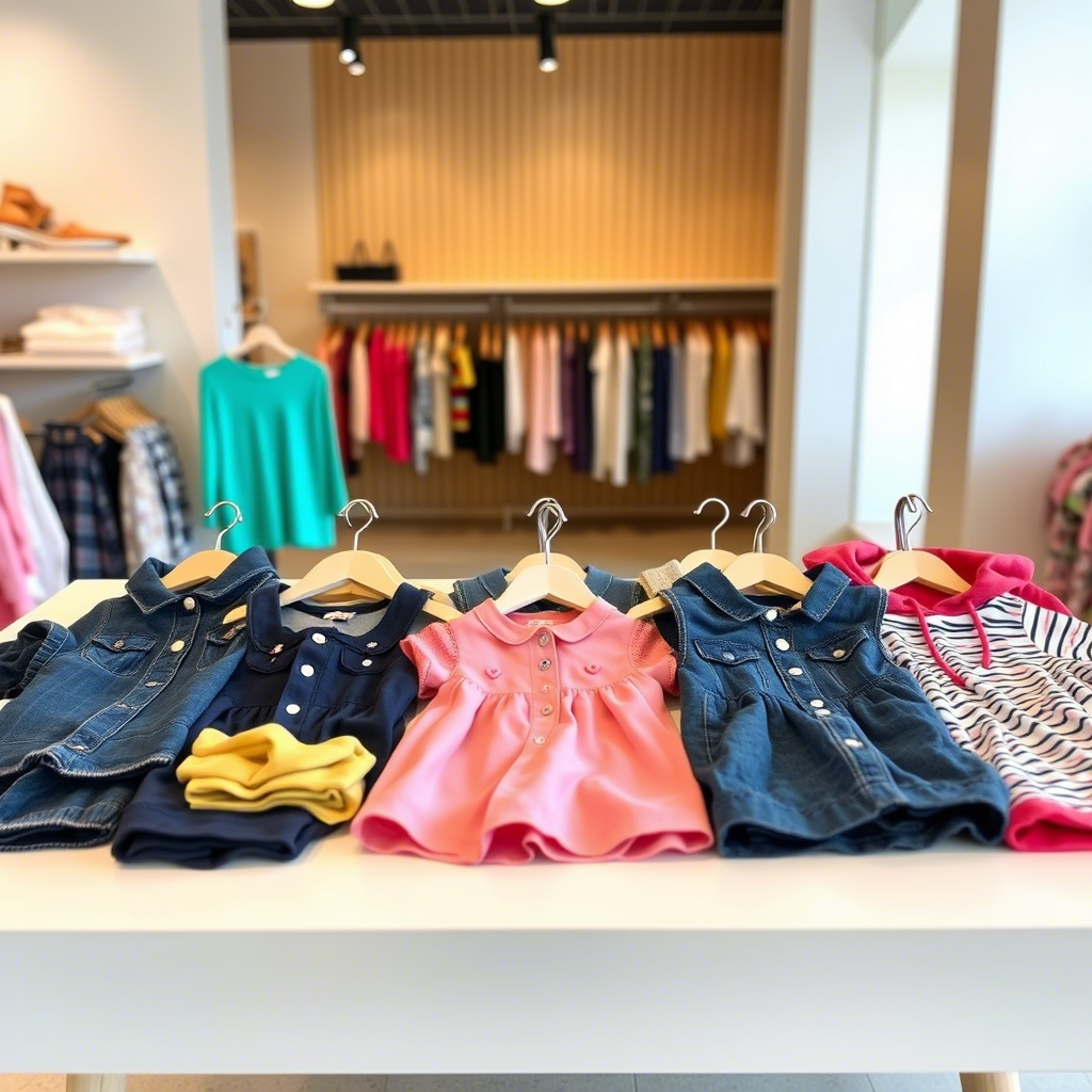 Kids clothing laid out on a table with boutique store background