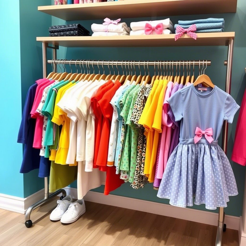 Kids’ clothing rack filled with colorful outfits for online store wholesale