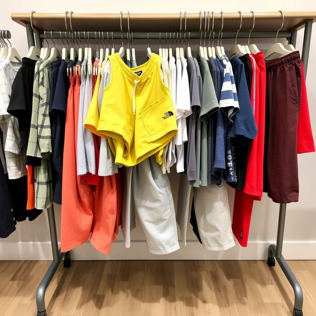 Kids’ clothing rack with various boys’ shorts and pants