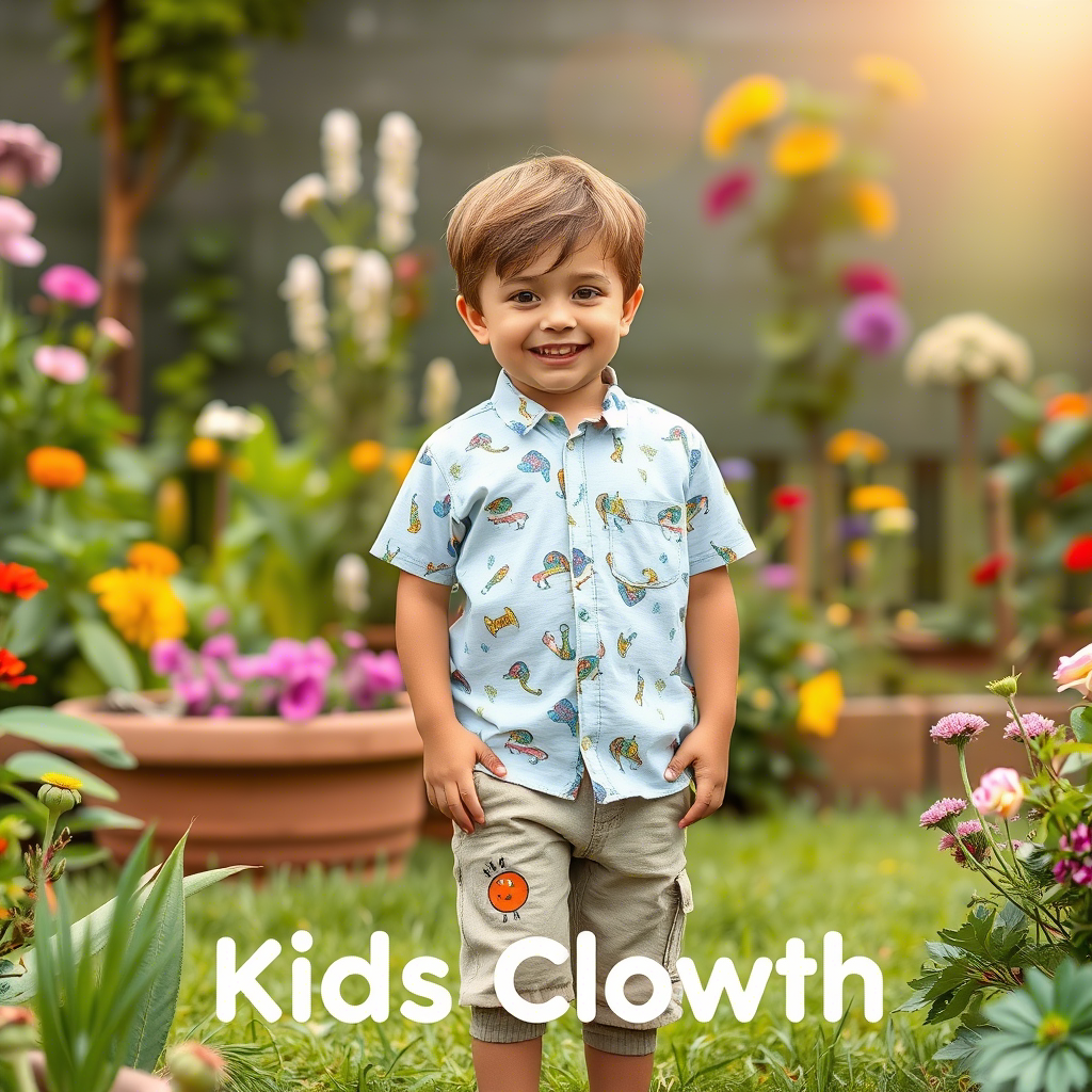 Kids clothing set advertisement featuring a smiling boy in a garden