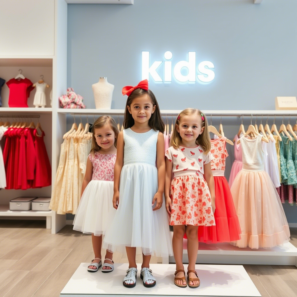 Kids’ clothing store display with girls wearing stylish dresses and skirts