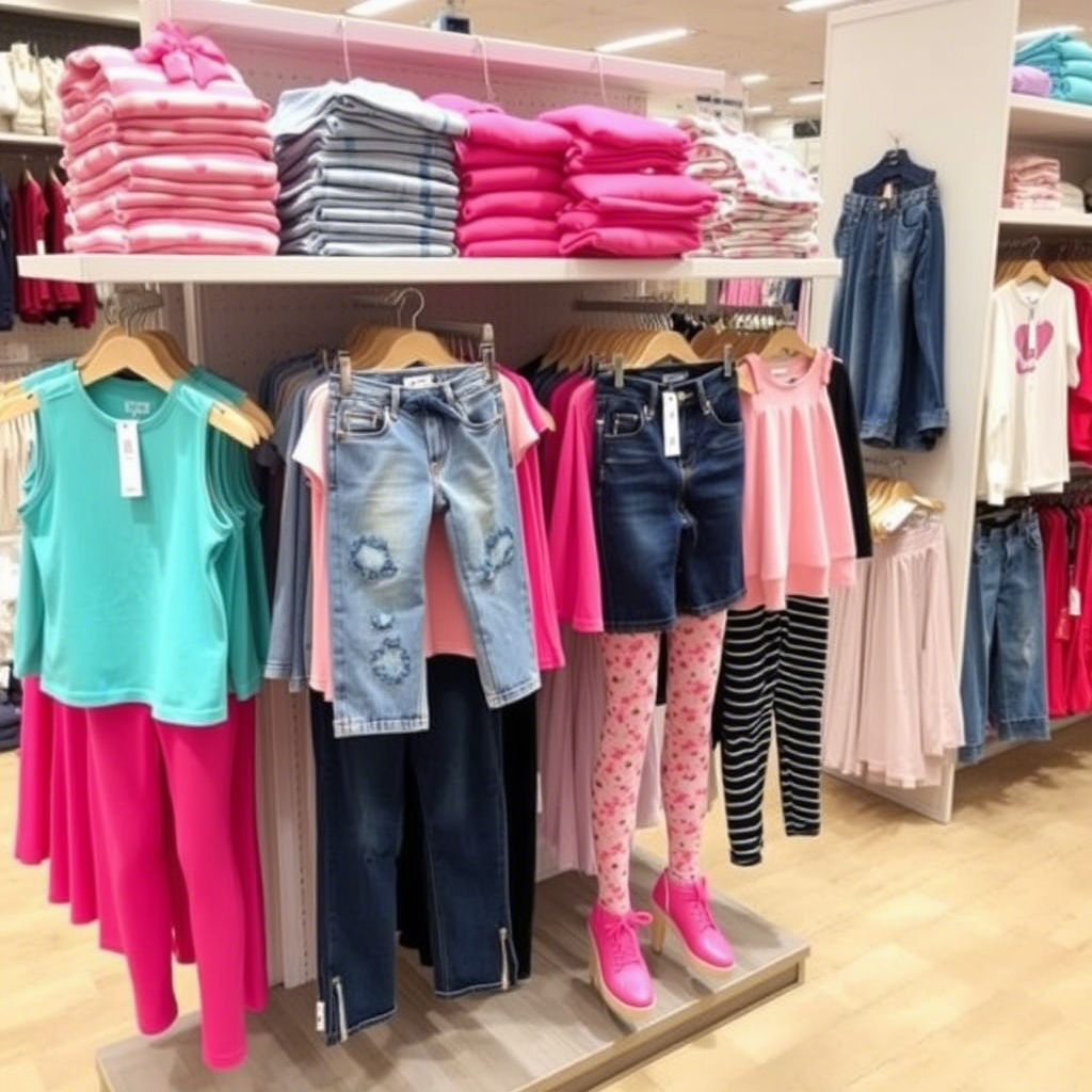 Kids clothing store display with jeans and leggings for girls