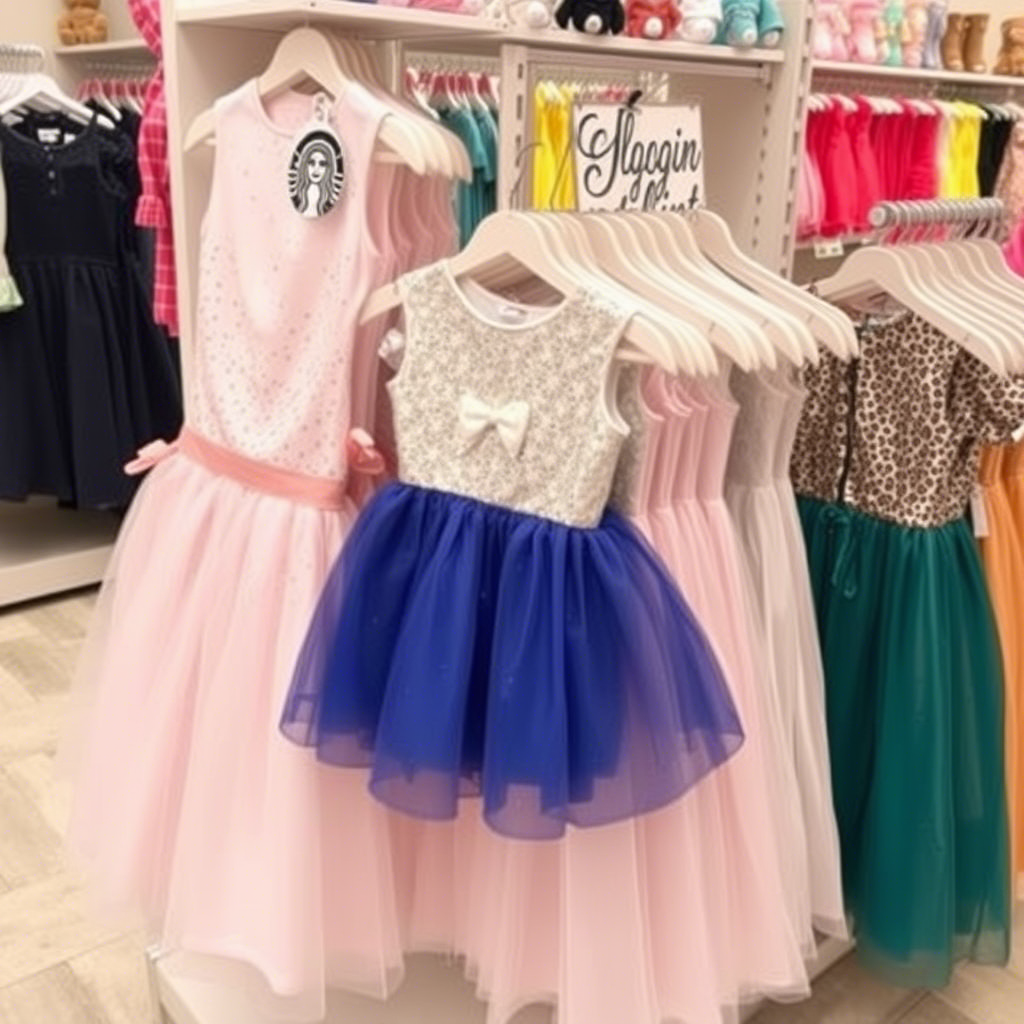 Kids’ clothing store display with sequined dresses and skirts for girls