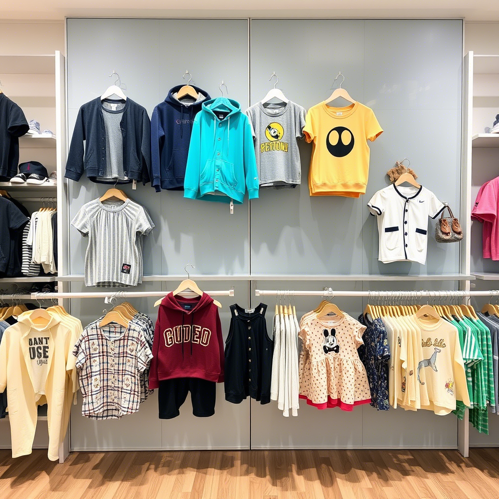 Kids’ clothing store display with trendy outfits for boys and girls from top manufacturers