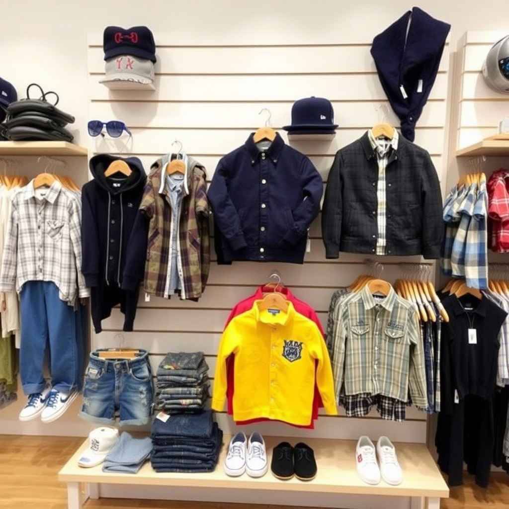 Kids’ clothing store display with various boys’ outfits and accessories arranged neatly