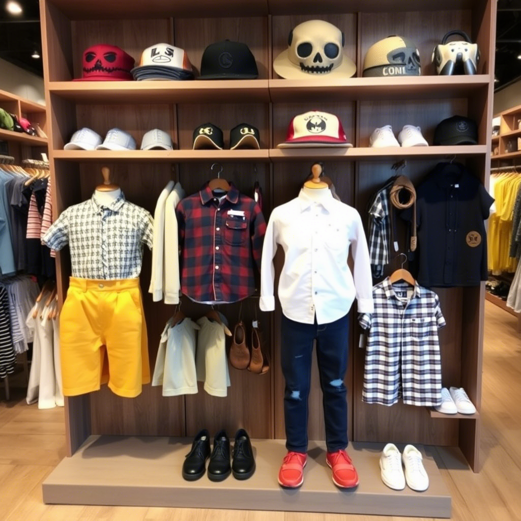 Kids’ clothing store display with various boys’ outfits and accessories