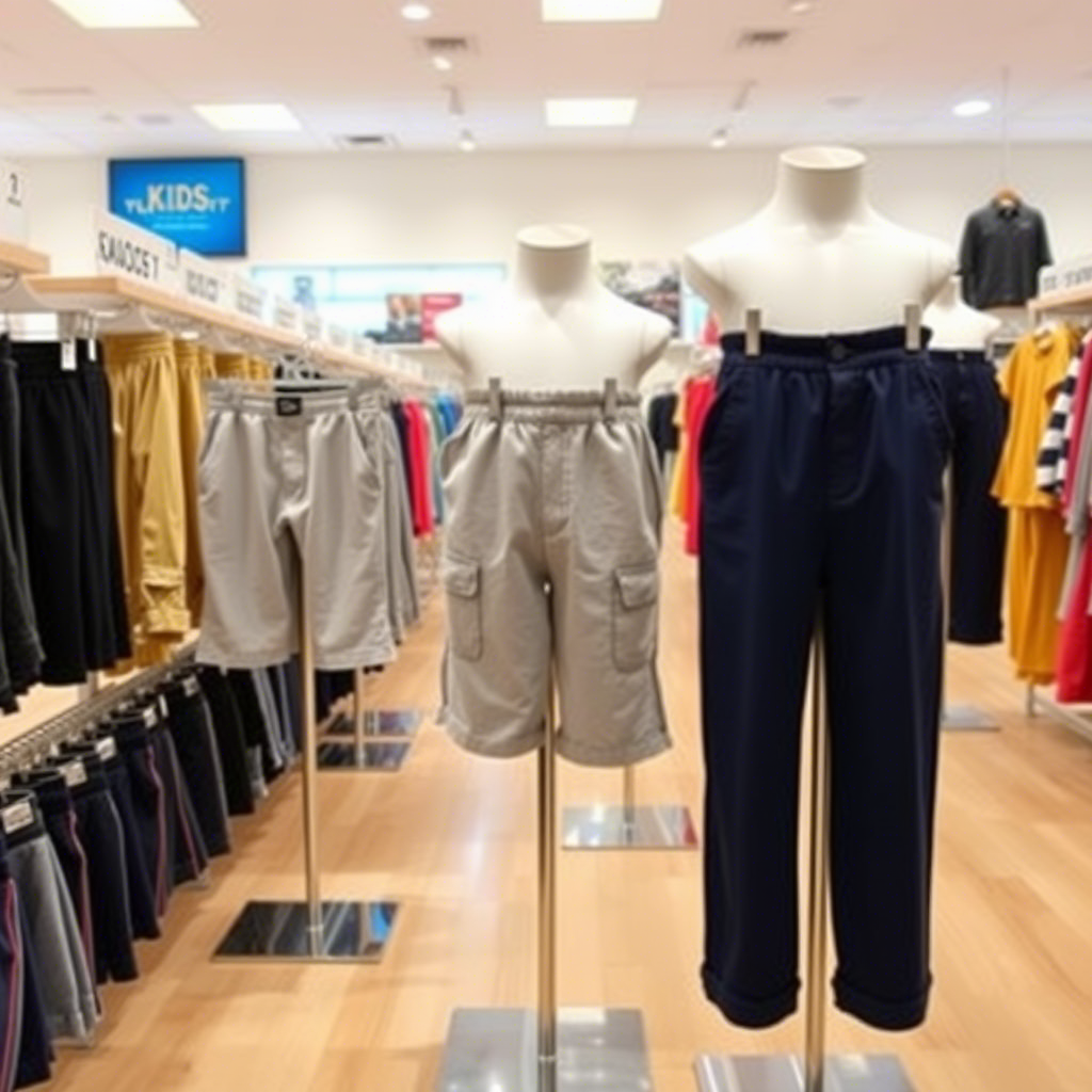 Kids clothing store display with various boys pants and shorts on mannequins