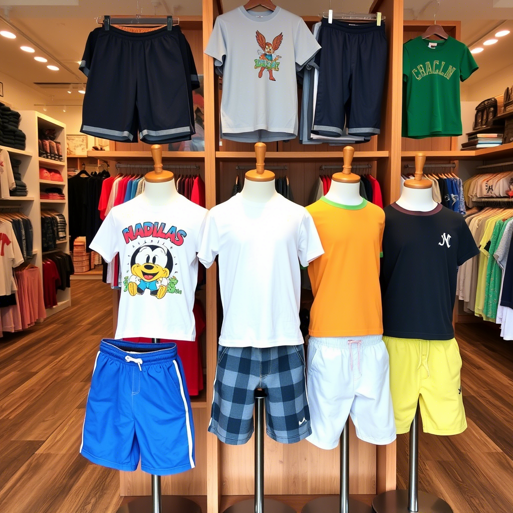 Kids’ clothing store display with various boys’ shorts and T-shirts on mannequins