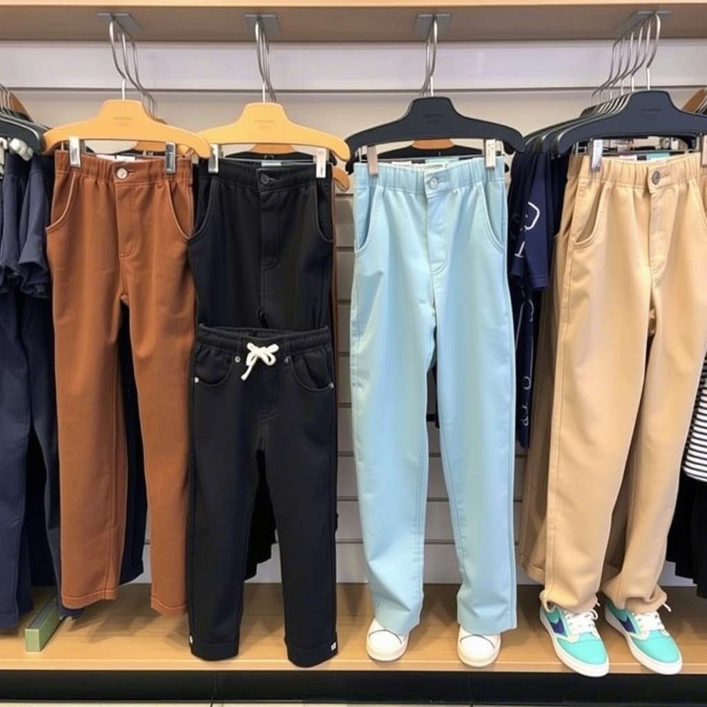 Kids clothing store displaying various boys’ pants styles