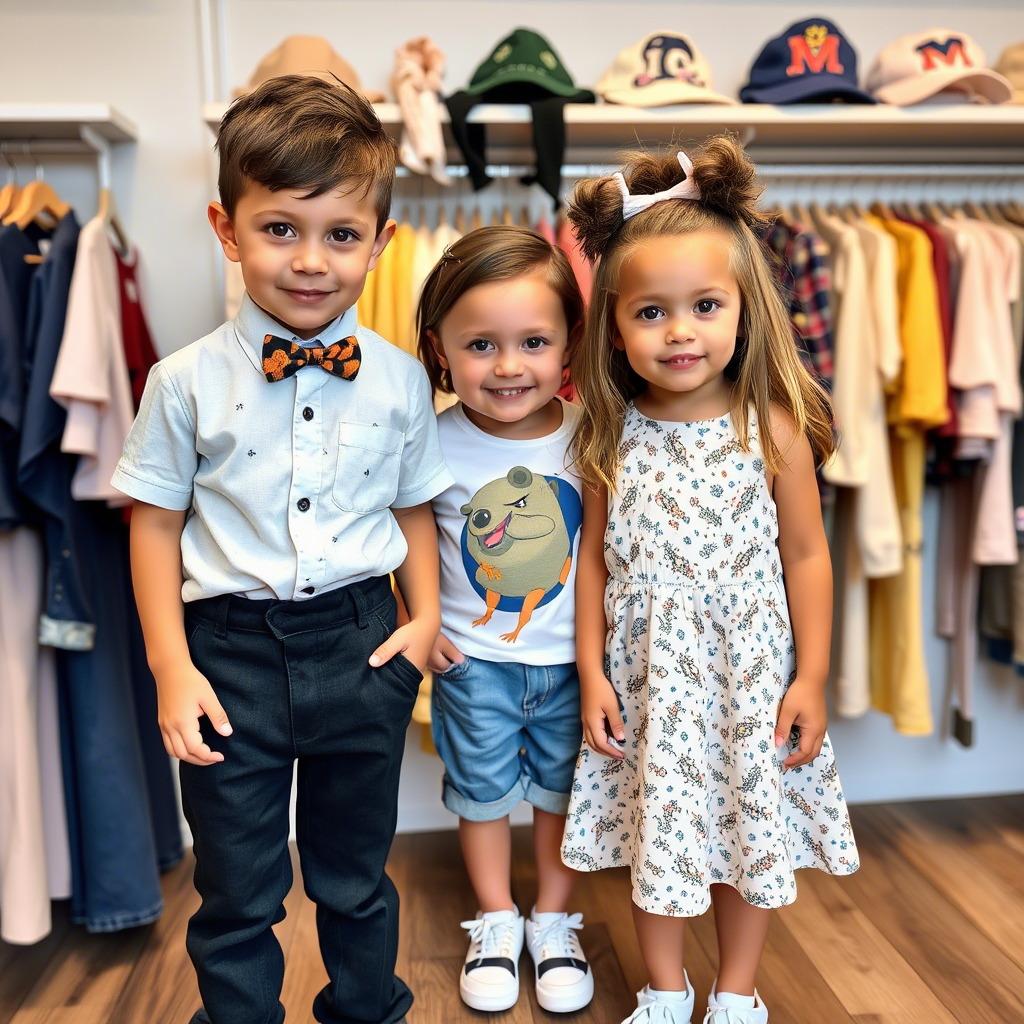 Kids’ clothing store with diverse outfits for boys and girls