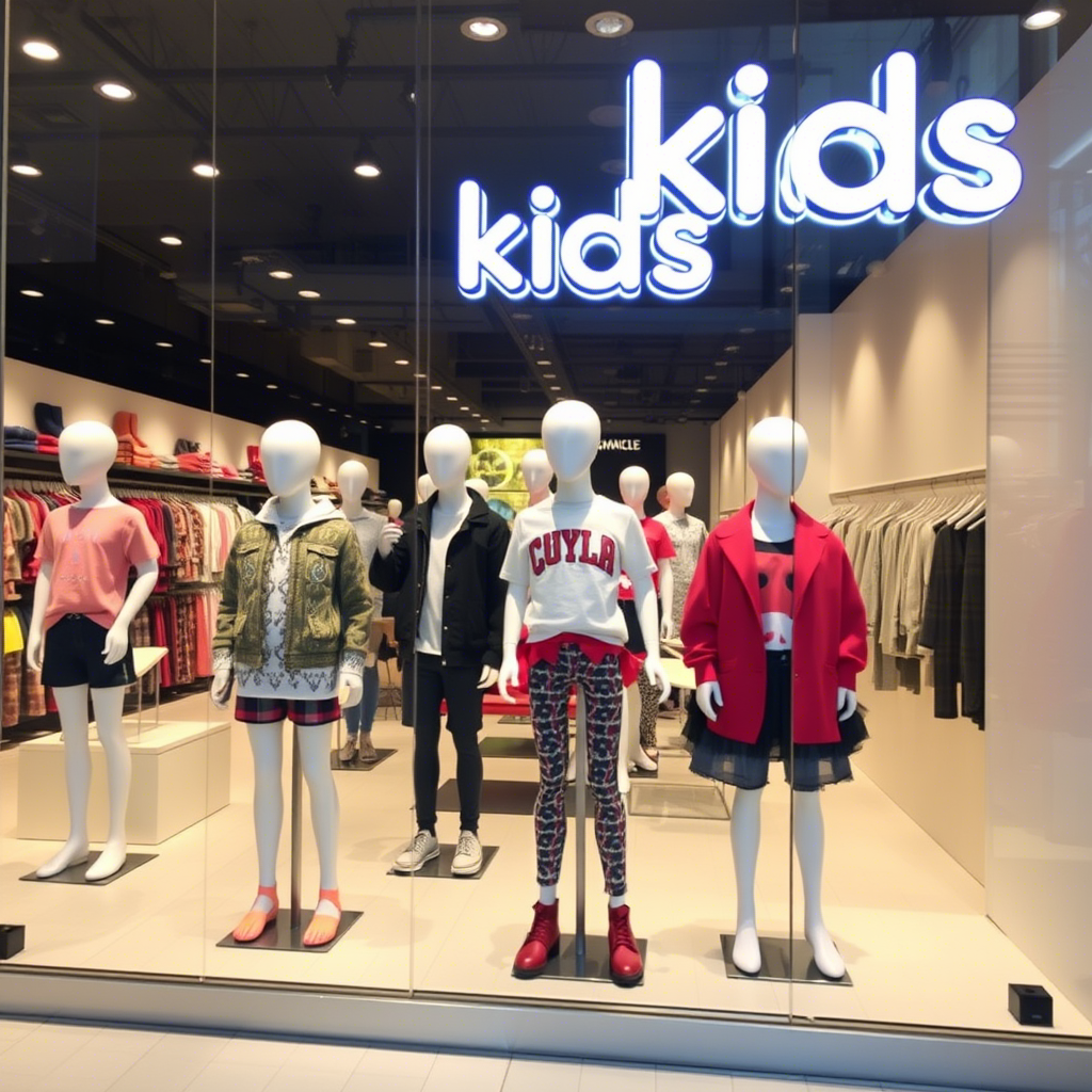 Kids’ clothing storefront with mannequins wearing latest fashion trends