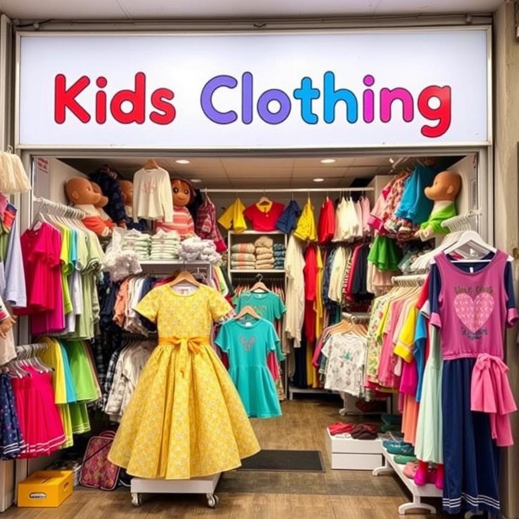 Kids clothing vendor storefront with colorful apparel displays