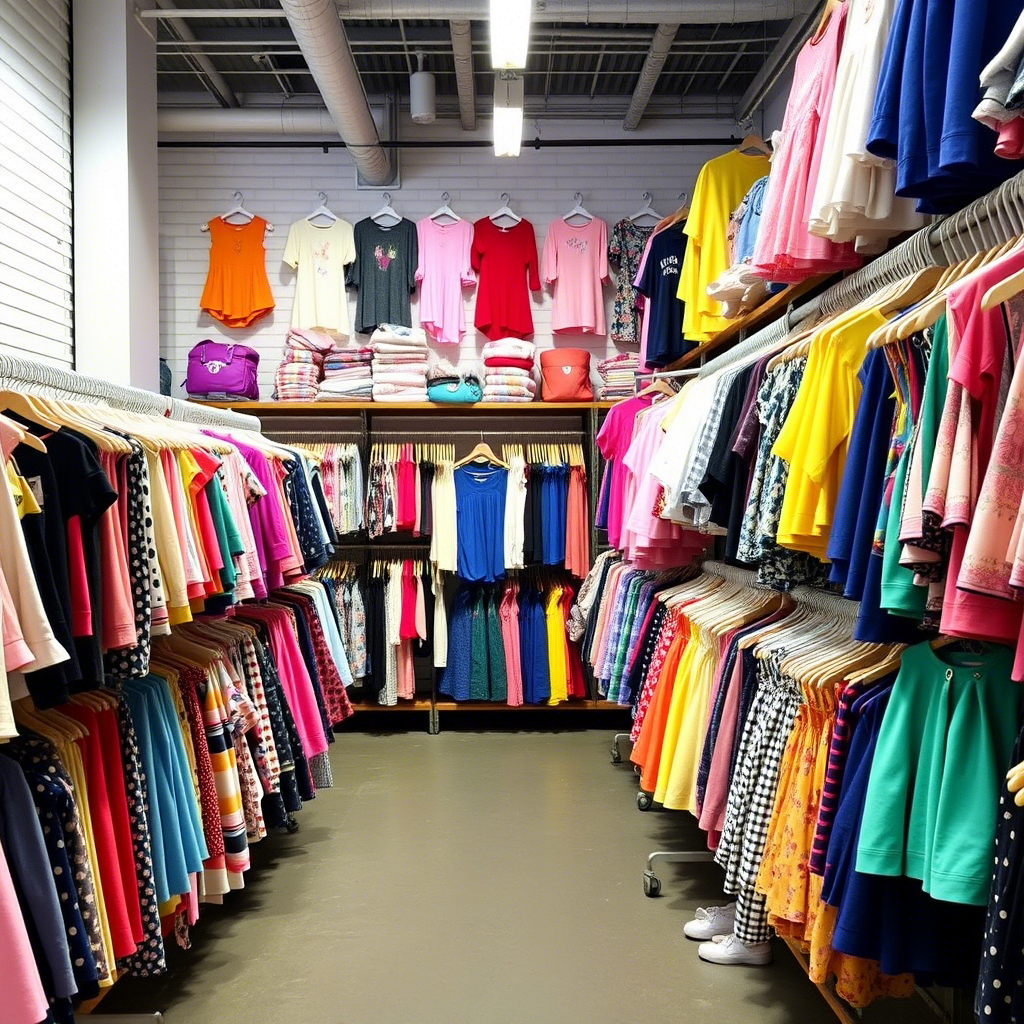 Kids’ clothing warehouse in New York filled with colorful outfits