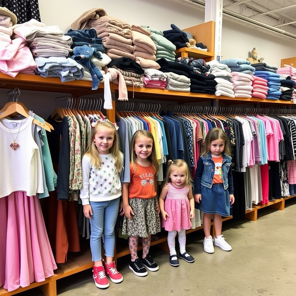 Kids’ clothing warehouse in USA with diverse outfits