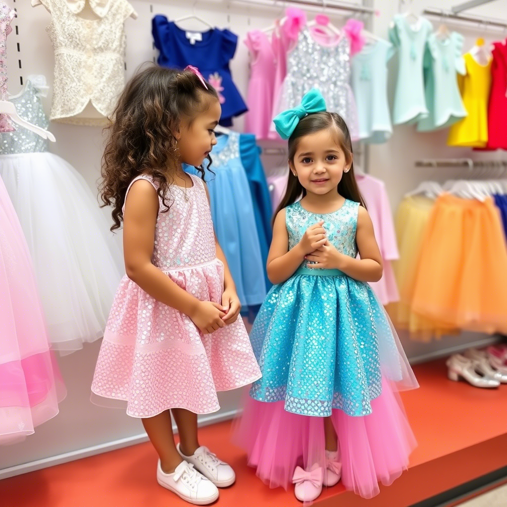 Kids clothing wholesale display featuring girls in shiny sequin dresses and tops