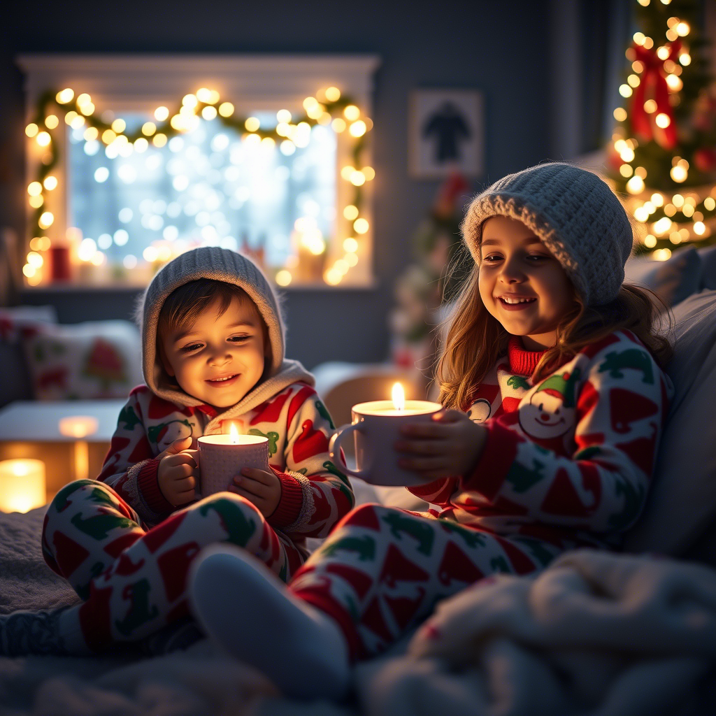 Kids cozy in Christmas-themed PJs enjoying hot chocolate on a winter night