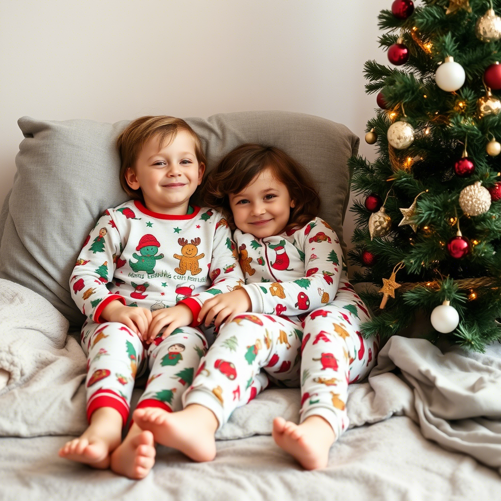 Kids cozy in holiday-themed PJs snuggled by a Christmas tree