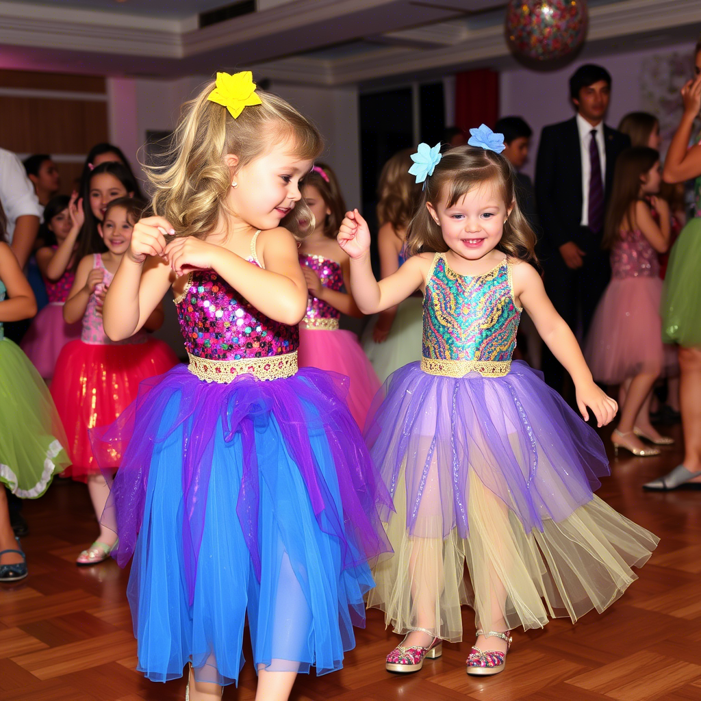 Kids dancing in colorful sequined skirts at a party