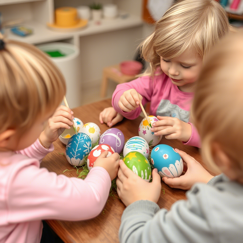 Kids decorating Easter eggs with colorful dyes and stickers